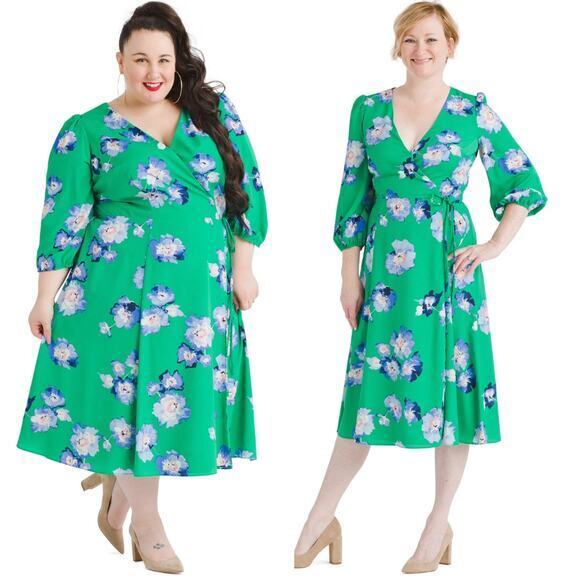 Eliza J‎ Blue And Green Floral Faux Wrap Midi Dress, plus size 22W - Picture 1 of 15